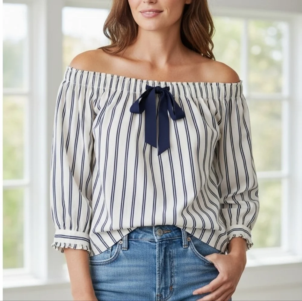 J.Crew Navy Stripe Off Shoulder Blouse Bow Tie Women’s XS Nautical Preppy Top